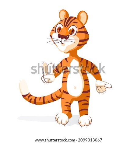 Tiger cub makes a gesture of peace, victory
 Adorable Wild Animal Cartoon Character. Happy Chinese new year greeting card. 2022 Tiger zodiac. Illustration For children, decor, banner, emblem Ado