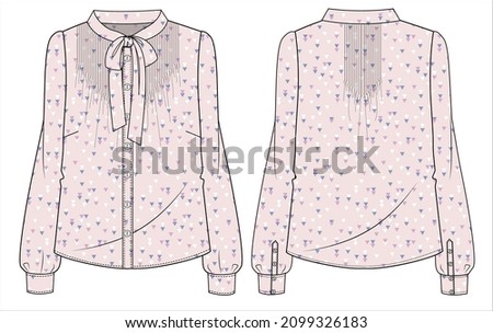 Pink printed long sleeves front pussy bow tie up with pintucks on front and back top for women ideal for office wear in editable vector file Royalty-Free Stock Photo #2099326183
