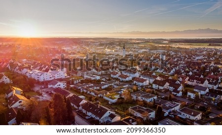City of Markdorf with swiss alps in background, aerial view