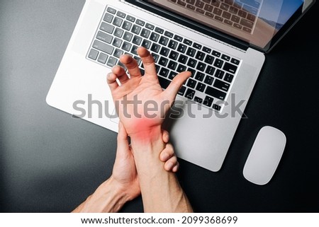 Carpal tunnel syndrome. Hand pain in man injury wrist. Arthritis office syndrome is consequence of computer. Health care and medical concept