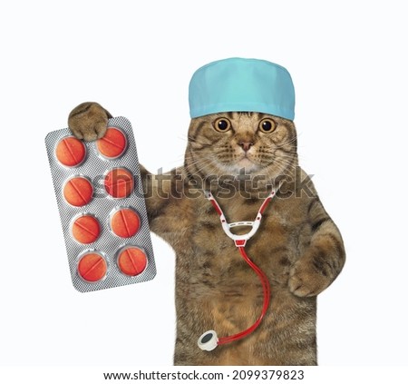 A beige cat doctor in a medical hat with a stethoscope holds a pill packaging. White background. Isolated.