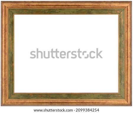 Brown Gold Green Old Vintage Wooden mockup canvas frame isolated on white background. Blank and diverse subject moulding baguette. Design element. use for framing paintings, mirrors or photo.