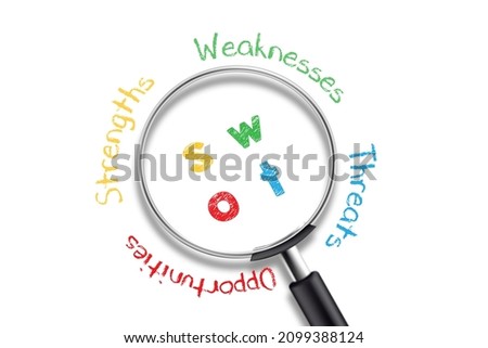 SWOT analysis business management strategy with magnifying glass on white background
