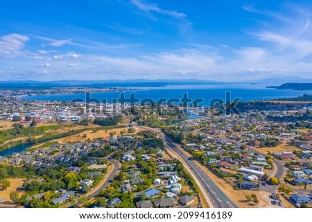Aerial view of Taupo town in New Zealand Royalty-Free Stock Photo #2099416189