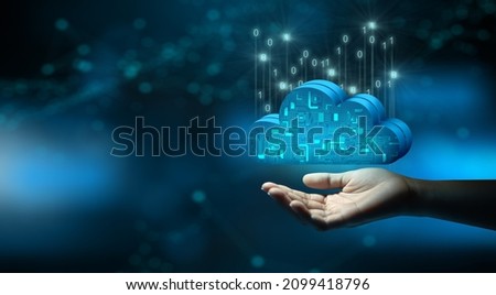 Businessman hand holding Cloud computing technology internet storage network. Cloud service, Cloud technology, and Cloud storage Concept. Royalty-Free Stock Photo #2099418796