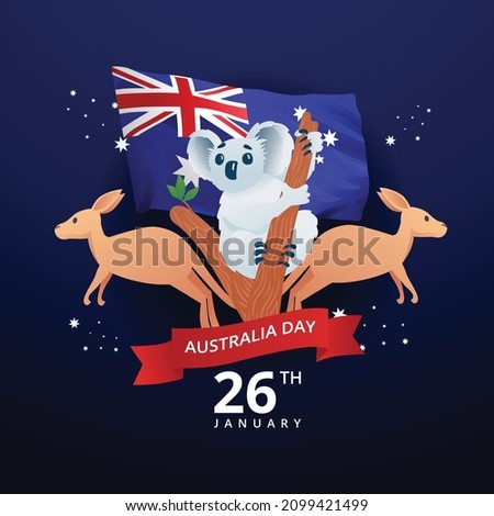 Australia Day Celebration Koala Cute And Kangaroo Illustration Vector With Blue Background for your social media post, banner, brochure, invitation card, or web illustration Royalty-Free Stock Photo #2099421499