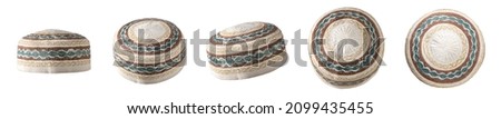 collection of skull caps, decorative islamic headdress worn by muslim men, isolated in white background indifferent angles Royalty-Free Stock Photo #2099435455