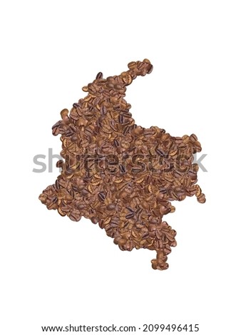 Map of Colombia made with coffee beans on a white isolated background. Export, production, supply, agricultural or health concept.