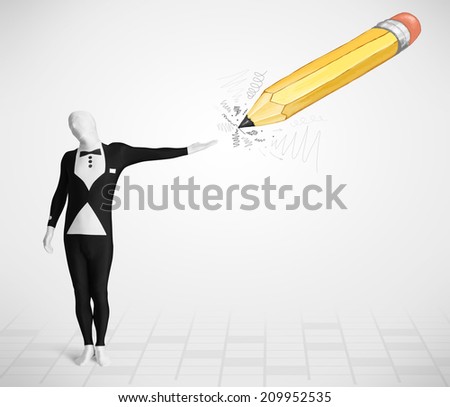 Guy in body mask with a big hand drawn pencil concept