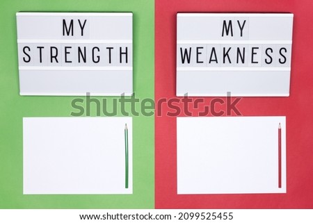 Strengths and weaknesses lists. Introspection, self improvement, work on yourself psychological concept. Copy space