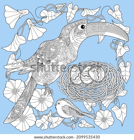 Art therapy coloring page. Birds hand drawn in vintage style with flowers. Toucan and flowers. The art of linear engraving. Romantic concept.