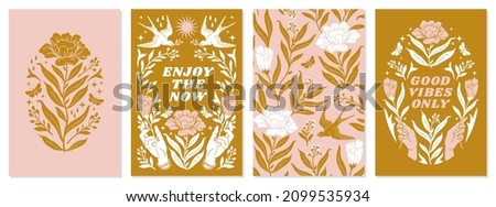 Boho mystical vector posters with inspirational quotes about energy and good vibes. Enjoy the now. Good vibes only. Hands, flower, bird, sun in trendy bohemian celestial style. Pink and gold colors. Royalty-Free Stock Photo #2099535934