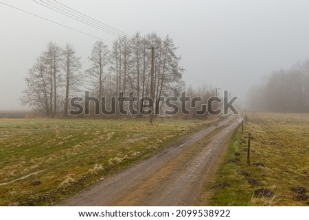 Rural landscape on a hazy winter day. Strzegocin, Mazovia, Poland.