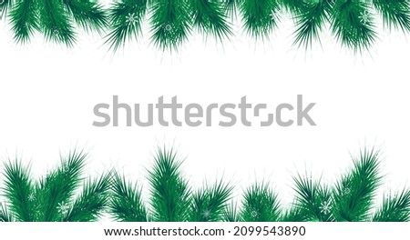 Christmas and New Year vector banner template. Fir tree branches border with winter decor on transparent background