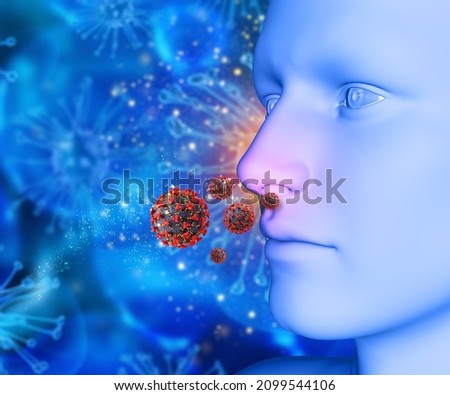 3D render of a medical background with close up of male face and Covid 19 virus cells