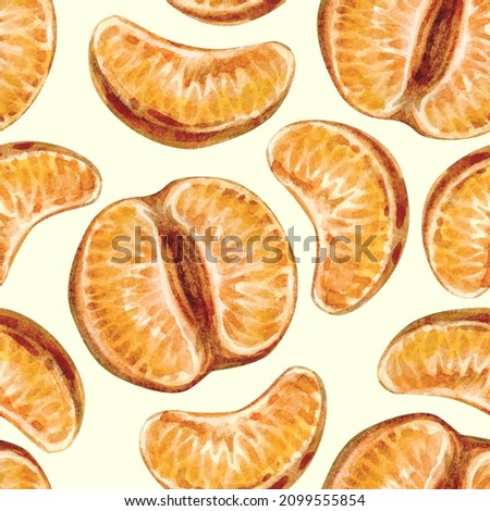 Seamless pattern with tangerines. Bright fruit collection of hand drawn illustrations. Can be used in wrapping paper, textiles, menus.