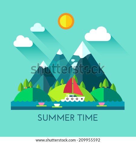Color vector flat icon set and illustration summer time: village, mountain, sun, clouds, trees nature, river, pond, sea, boat, sail, fishing, walking, fresh air.