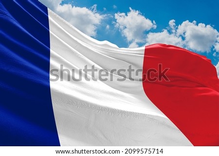 The flag of France (French: drapeau français) is a tricolour flag featuring three vertical bands coloured blue (hoist side), white, and red.
