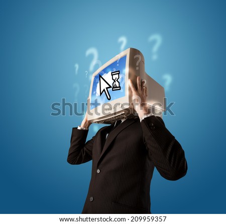 Person with a monitor head and cloud based technology on the screen, blue background