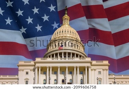 Washington DC Capitol American congress building with waving american flag