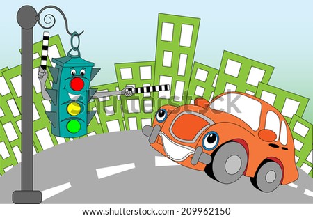 Cheerful cartoon traffic light regulating traffic on city streets
