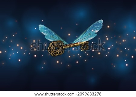 magical flying key meaning with dragonfly wings Royalty-Free Stock Photo #2099633278