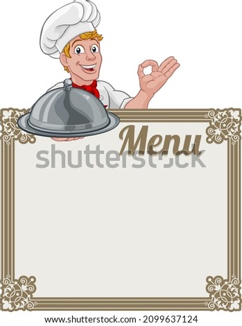 A chef cook or baker man cartoon character giving a perfect or okay chefs hand sign. Peeking over a background menu sign and holding a domed cloche food tray.