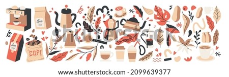 coffee vector illustrations simple minimalistic flat design style. design elements for projects, coffee bean packaging, different coffee preparing tools, trendy boho cafe branding doodles Royalty-Free Stock Photo #2099639377