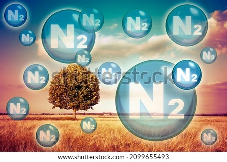 N2 nitrogen gas is the main constituent of the earth's atmosphere - concept with nitrogen molecules against a natural rural scene Royalty-Free Stock Photo #2099655493