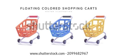 Set of floating coloured shopping carts isolated on white background in 3d realistic style. Vector illustration Royalty-Free Stock Photo #2099682967