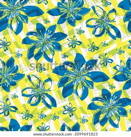 Abstract jasmine flower weave vector seamless pattern background. Modern graphic floral expressionist shapes layered with cotton weave blend. Yellow blue summer backdrop.Painterly botanical repeat
