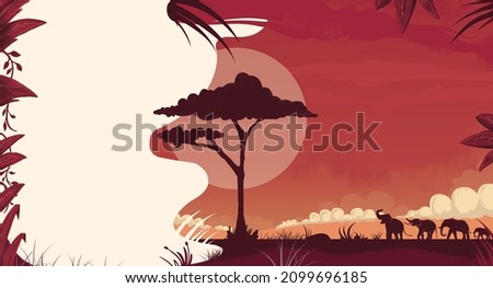 High quality seamless background of African savanna sunset scenery for children's book illustration, African savanna wallpaper, African concept art with copy space text.