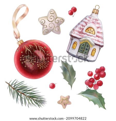 Christmas set with gold, watercolor illustration. Red ball, house and spruce branch, new year decorations