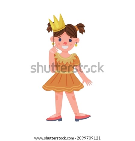 Little Girl Holding Pole with Crown as Party Birthday Photo Booth Prop Vector Illustration