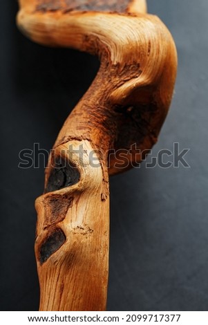Textured curved Wooden snag of brown color with texture on a black background with free space.