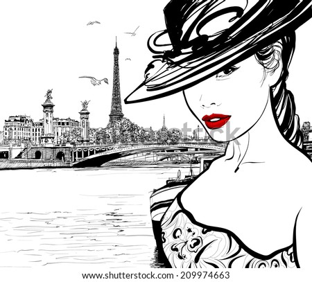 Young woman near the Seine river in Paris with Eiffel tower in the background - Vector illustration