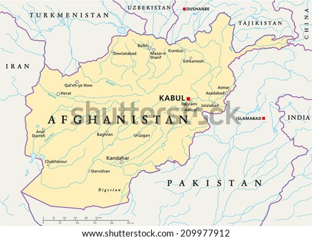 Afghanistan Political Map with capital Kabul, national borders, most important cities, rivers and lakes. Illustration with English labeling and scaling. Royalty-Free Stock Photo #209977912