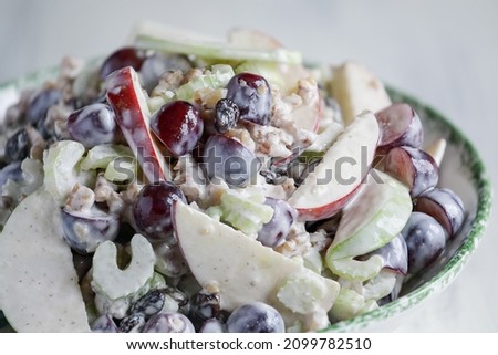 Homemade apple walnut waldorf salad with a creamy dressing. Healthy vegetarian diet, Selective focus with blurred foreground and background. 