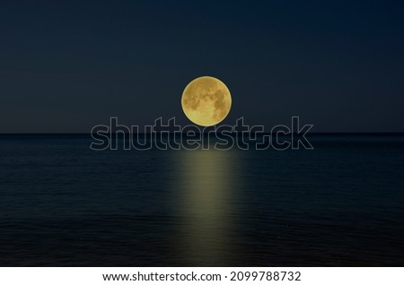 Beautiful full moon rises in blue sea in the evening