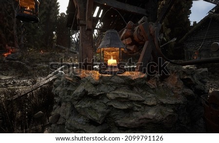 A sailor's lamp on a well made by stones in a destructed area.