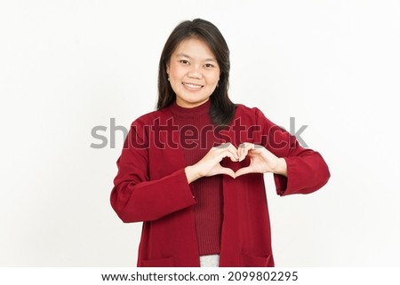 Showing Love Sign Of Beautiful Asian Woman Wearing Red Shirt Isolated On White Background