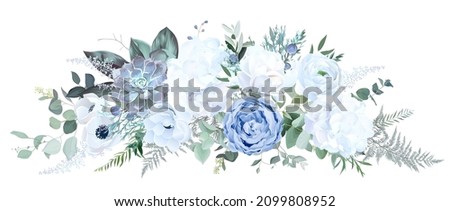 Dusty blue rose, white hydrangea, ranunculus, magnolia, anemone, succulent, greenery, juniper vector design bouquet. Wedding seasonal flowers. Floral  watercolor composition. Isolated and editable Royalty-Free Stock Photo #2099808952