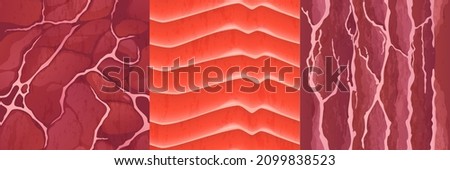 Textures of salmon fillet and red meat for game background. Vector realistic seamless patterns of raw fish slice, beef and pork steak, fresh flesh structure illustration Royalty-Free Stock Photo #2099838523