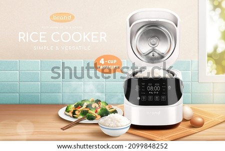 Intelligent electric rice cooker ad. Illustration of a white smart rice cooker with opened lid and steamed foods displayed at home kitchen table Royalty-Free Stock Photo #2099848252