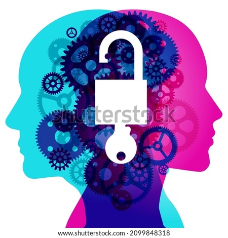 A Male and Female side silhouette profile overlaid with various semi-transparent Machine Gears shapes. Centre placed is a white “unlocked padlock and key” graphic icon. Royalty-Free Stock Photo #2099848318