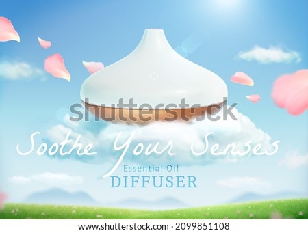 Natural aroma diffuser or air humidifier ad. 3d product mock up sitting on white cloud above a fresh green grass field. Royalty-Free Stock Photo #2099851108