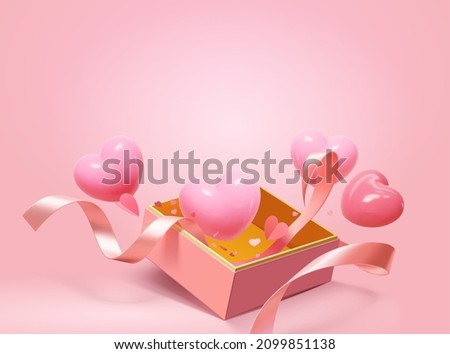 3d heart shape balloons and ribbons popping out of gift box. Valentine's Day or Mother's Day elements isolated on pink background Royalty-Free Stock Photo #2099851138