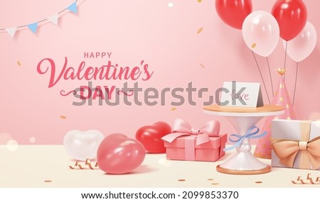 Love letter set on cake stand with balloons and gift boxes around. 3d scene design. Suitable for Valentine's Day and Mother's Day.