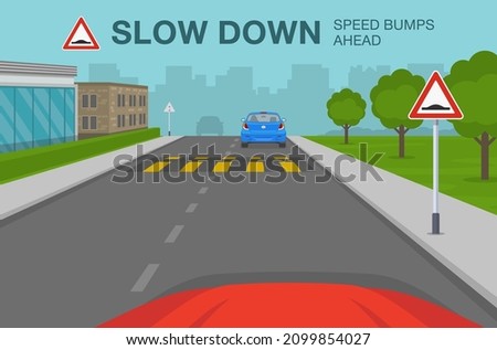 Safety car driving rule. Car is reaching the speed bump on the road. Slow down speed bumps ahead warning sign meaning. Flat vector illustration template. Royalty-Free Stock Photo #2099854027