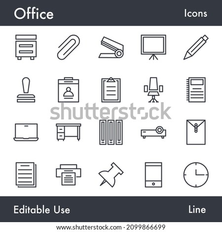 Simple business office vector line icon set. Contains linear outline icons like Document, Laptop, Chair, Book, Paper, Card, Note, Clipboard, Phone, Stationery. Editable use and stroke for infographic.